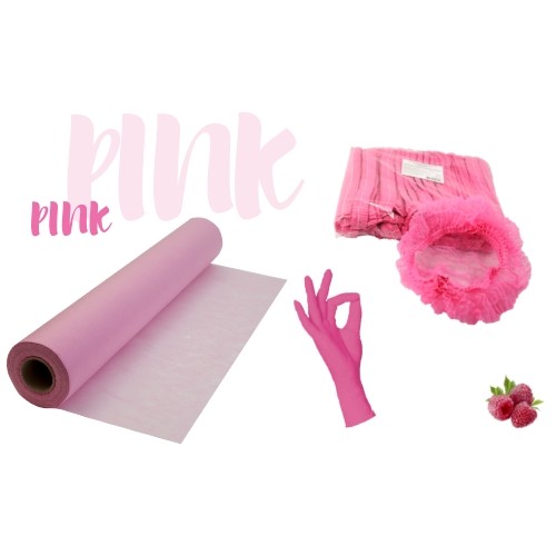 Набор одноразовых расходных материалов розовый: простынь, перчатки, шапочки